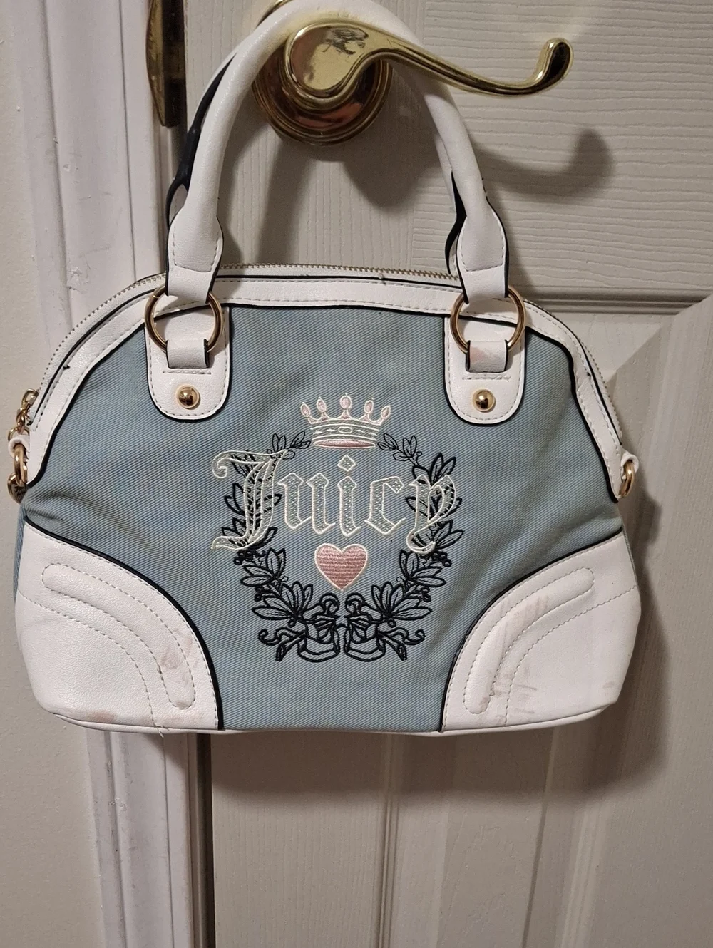 Juicy Couture Light Blue and White Embroidered Dome Satchel